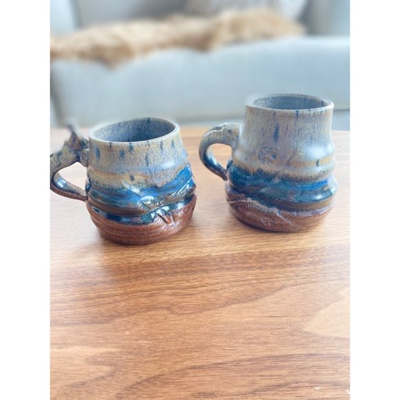 New Handmade Studio his/her Pottery mugs, signed, earth tones, blue, glazed - Picture 2 of 9